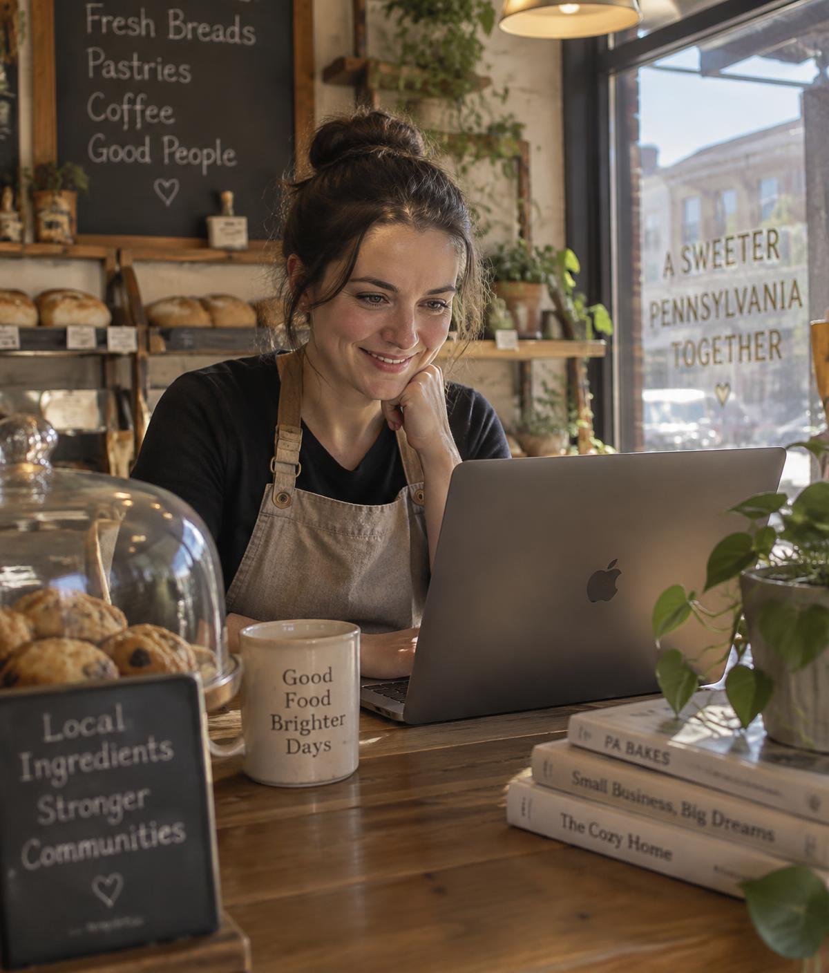 Smiling small bakery owner reviewing her business website on a laptop at the shop counter